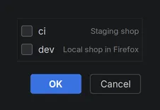 The list of the dialog Select Configuration Profiles with the profiles ci, Staging shop, and dev, Local shop in Firefox.