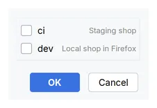 The list of the dialog Select Configuration Profiles with the profiles ci, Staging shop, and dev, Local shop in Firefox.