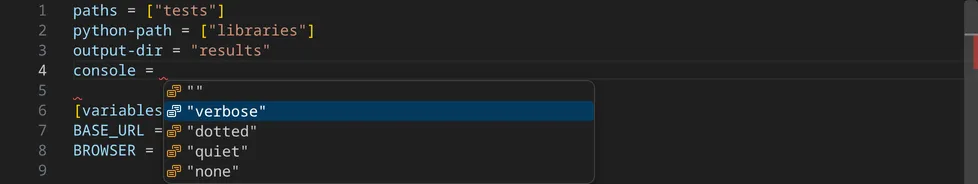 In robot.toml, completion after console = offers the values verbose, dotted, quiet and none.