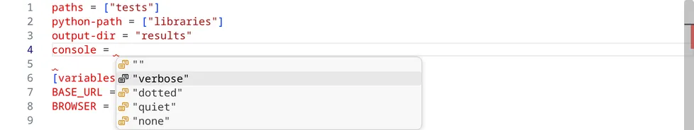 In robot.toml, completion after console = offers the values verbose, dotted, quiet and none.