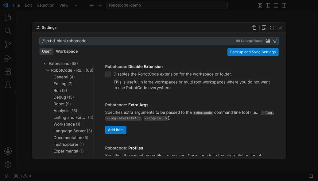 The Settings editor filtered with @ext:d-biehl.robotcode lists 69 settings and the categories of RobotCode: General, Editing, Run, Debug, Robot, Analysis and more.