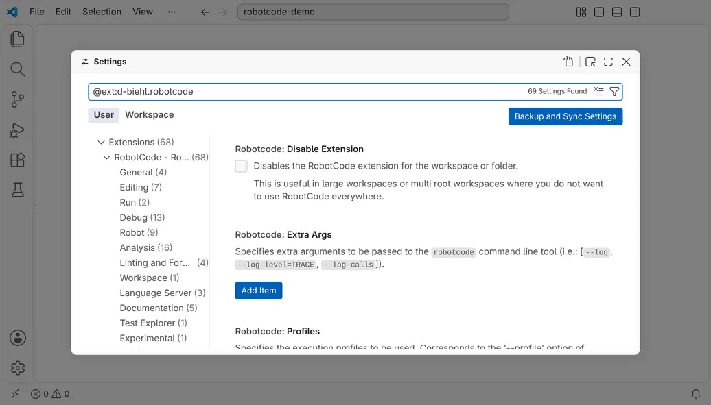 The Settings editor filtered with @ext:d-biehl.robotcode lists 69 settings and the categories of RobotCode: General, Editing, Run, Debug, Robot, Analysis and more.
