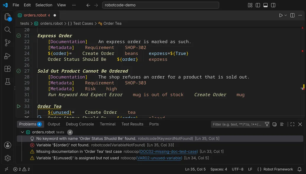 A test with a misspelt keyword call and an unused variable; the Problems view lists RobotCode's KeywordNotFound and VariableNotFound and Robocop's DOC02-missing-doc-test-case and VAR02-unused-variable.
