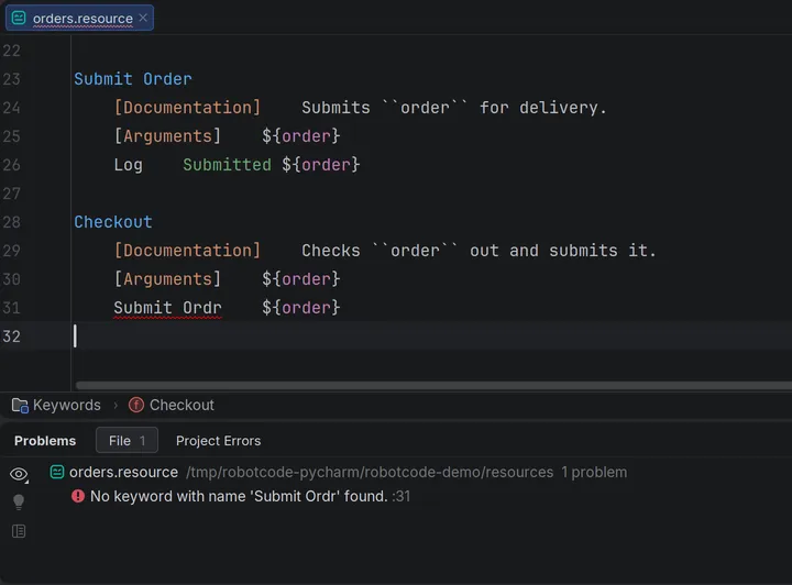 The call of the misspelt keyword Submit Ordr marked in orders.resource, and the Problems tool window with No keyword with name 'Submit Ordr' found.