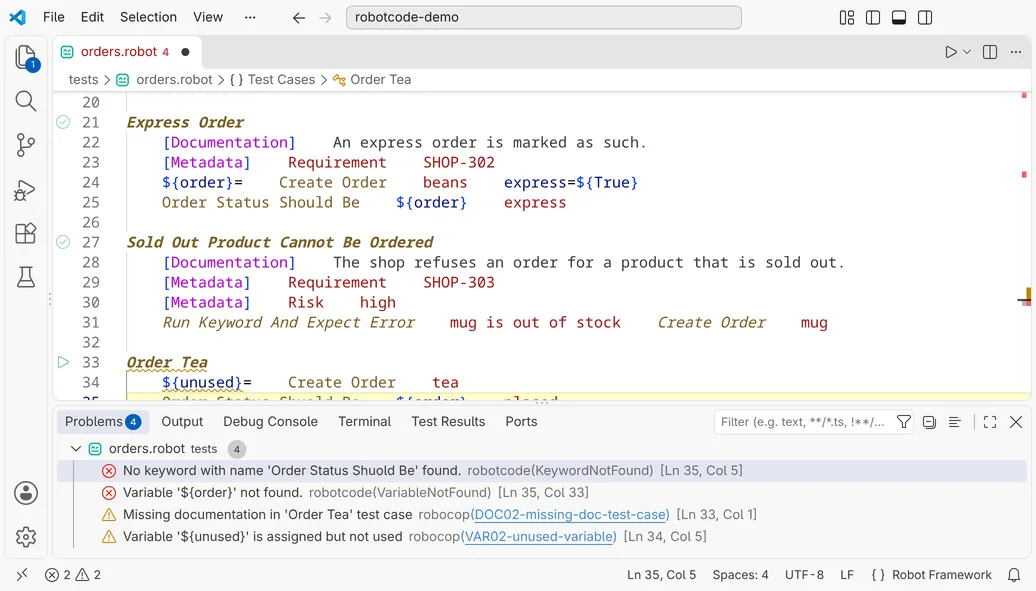 A test with a misspelt keyword call and an unused variable; the Problems view lists RobotCode's KeywordNotFound and VariableNotFound and Robocop's DOC02-missing-doc-test-case and VAR02-unused-variable.