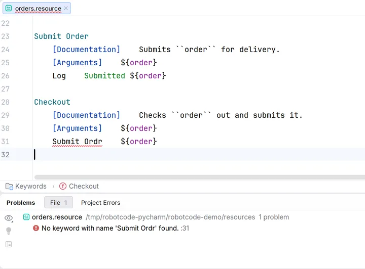 The call of the misspelt keyword Submit Ordr marked in orders.resource, and the Problems tool window with No keyword with name 'Submit Ordr' found.
