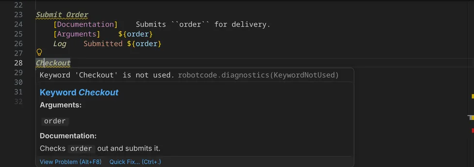The keywords Submit Order and Checkout in orders.resource are shown faded and underlined; the hover of Checkout says that the keyword is not used.