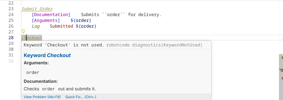 The keywords Submit Order and Checkout in orders.resource are shown faded and underlined; the hover of Checkout says that the keyword is not used.