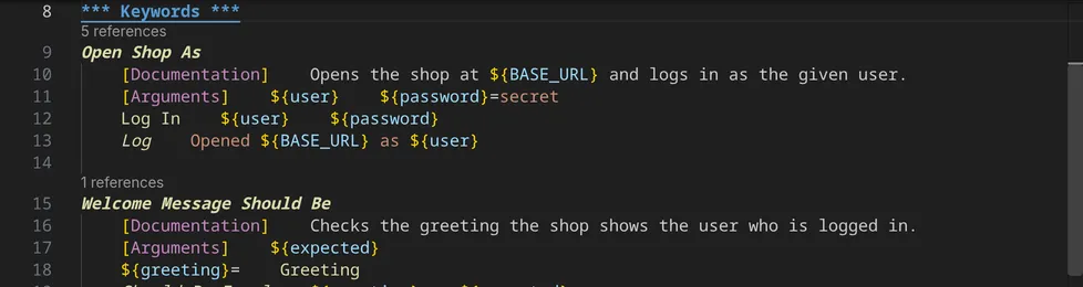 Keywords in shop.resource with the number of their references above each keyword, such as 5 references above Open Shop As.