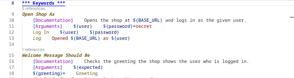 Keywords in shop.resource with the number of their references above each keyword, such as 5 references above Open Shop As.