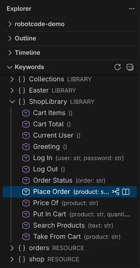 The Keywords view with ShopLibrary expanded; the selected keyword Place Order shows the actions Insert Keyword and Show in Documentation Viewer.