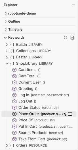 The Keywords view with ShopLibrary expanded; the selected keyword Place Order shows the actions Insert Keyword and Show in Documentation Viewer.