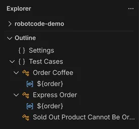 The Outline view of orders.robot with the sections Settings and Test Cases, the tests Order Coffee, Express Order and Sold Out Product Cannot Be Ordered, and the variable order.