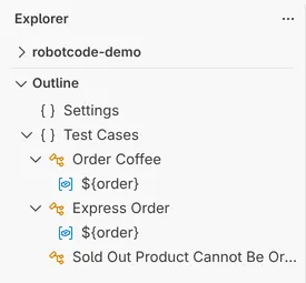 The Outline view of orders.robot with the sections Settings and Test Cases, the tests Order Coffee, Express Order and Sold Out Product Cannot Be Ordered, and the variable order.