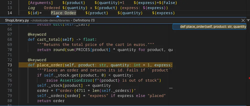 Peek Definition at the call of Place Order in orders.resource shows the method place_order of ShopLibrary.py below the call.