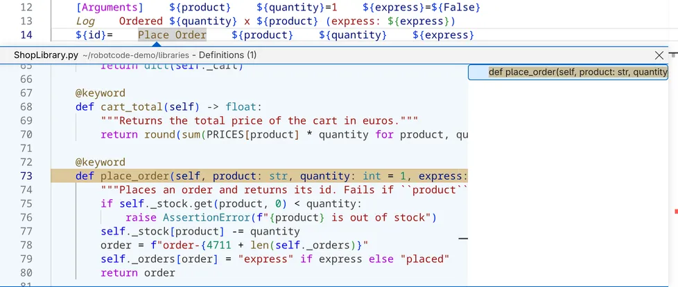 Peek Definition at the call of Place Order in orders.resource shows the method place_order of ShopLibrary.py below the call.