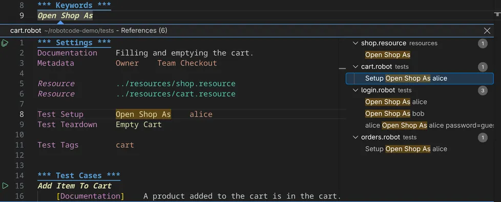 Go to References at the keyword Open Shop As lists its uses in four files in a peek view and previews the Test Setup of cart.robot that calls it.
