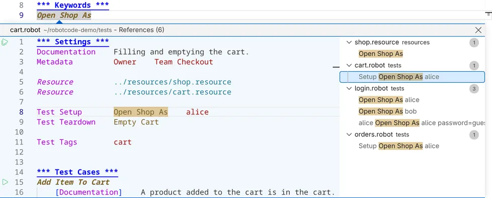 Go to References at the keyword Open Shop As lists its uses in four files in a peek view and previews the Test Setup of cart.robot that calls it.