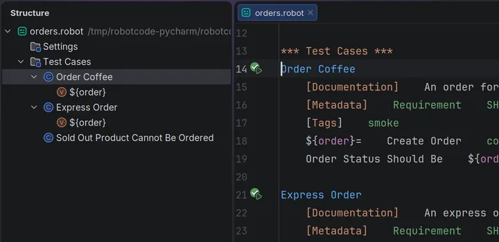 The Structure tool window of orders.robot beside the editor, with the sections Settings and Test Cases and the tests Order Coffee and Express Order, each with its variable ${order}, and Sold Out Product Cannot Be Ordered.