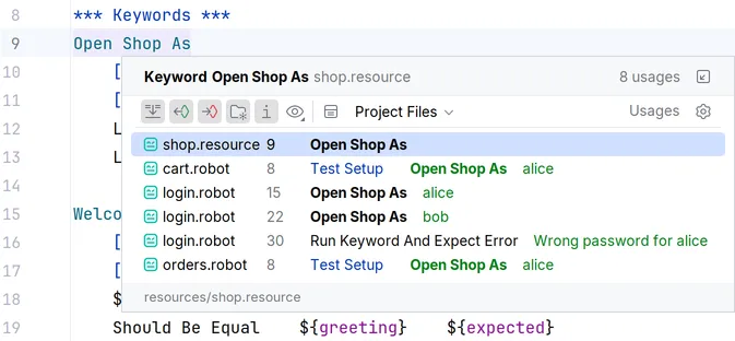 The usages of the keyword Open Shop As in a popup: its definition in shop.resource and its calls in cart.robot, login.robot and orders.robot.