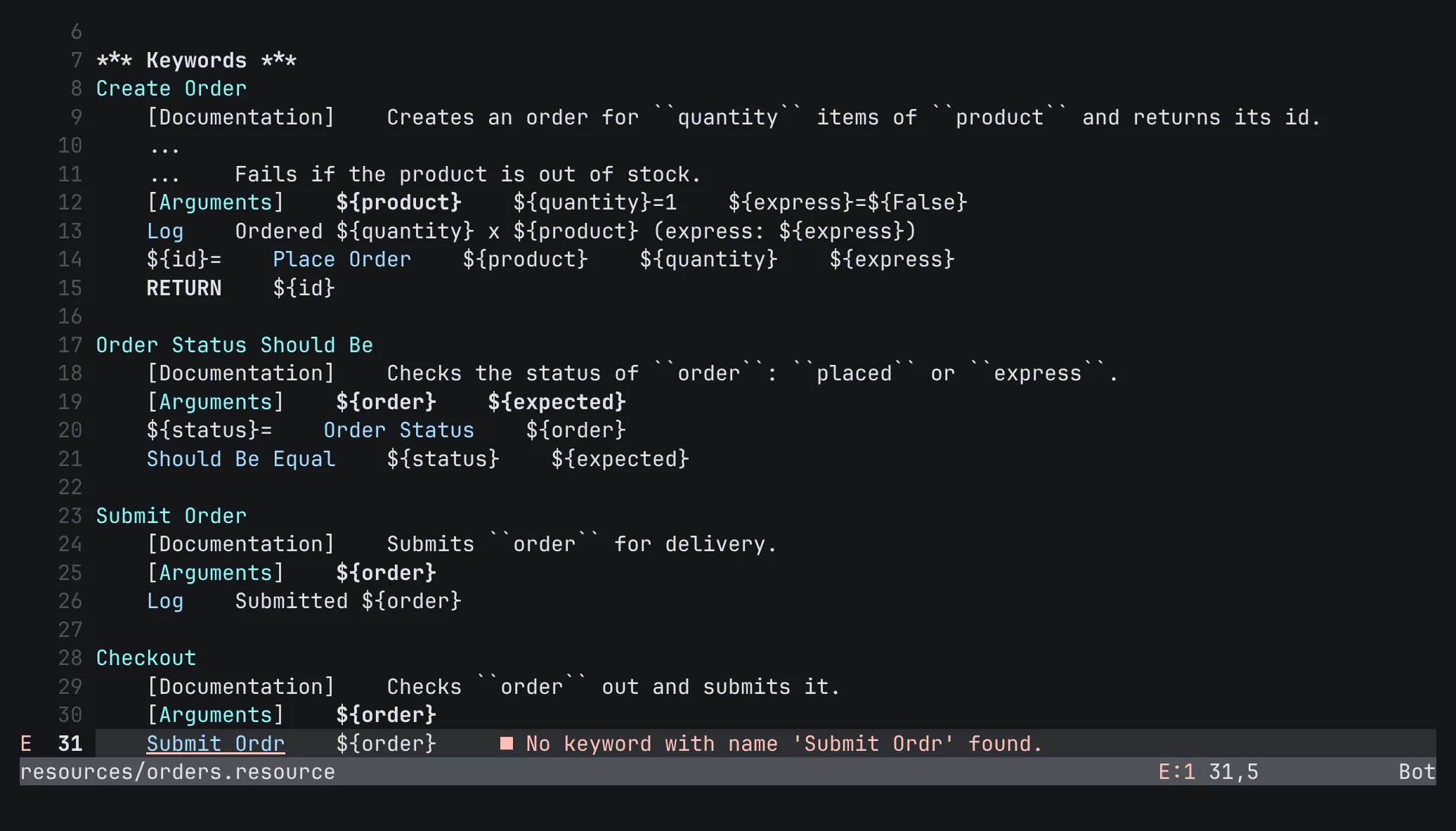 A misspelt keyword call and its diagnostic in Neovim