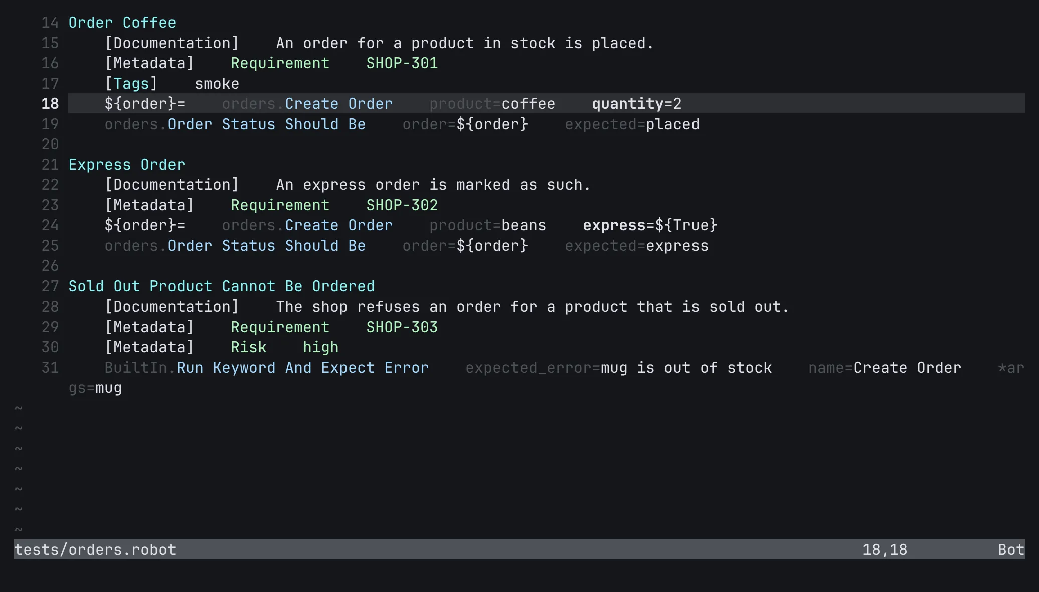 The argument names RobotCode shows next to the arguments in Neovim