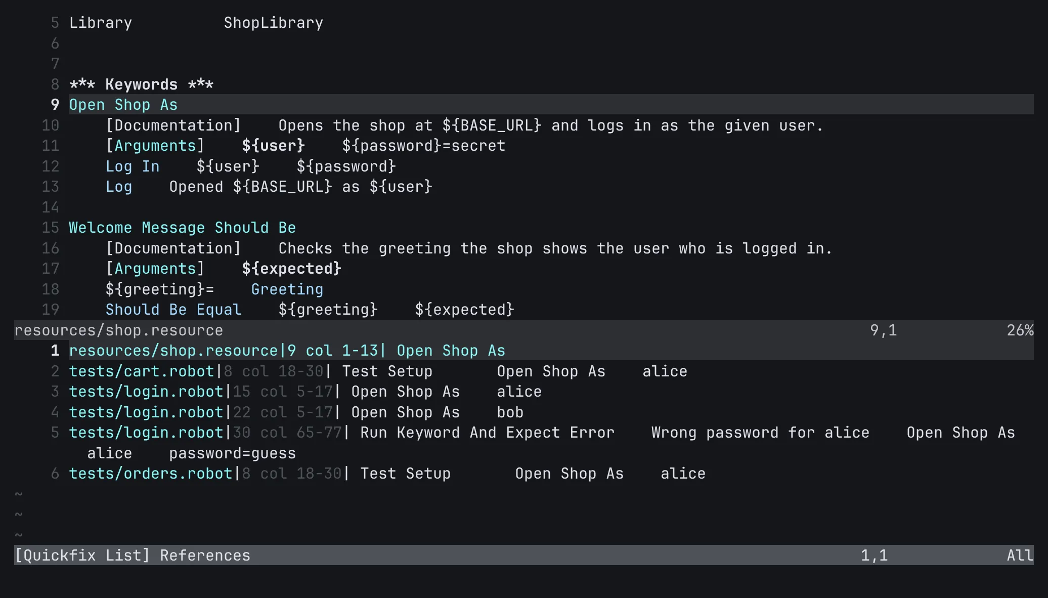 All calls of a keyword in the project, in Neovim's quickfix list