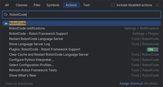 Find Action with RobotCode typed, listing the menu RobotCode, the RobotCode notifications and plugin settings, and the actions of Tools | RobotCode, such as Select Configuration Profiles..., Restart RobotCode Language Server and Show Language Server Log.