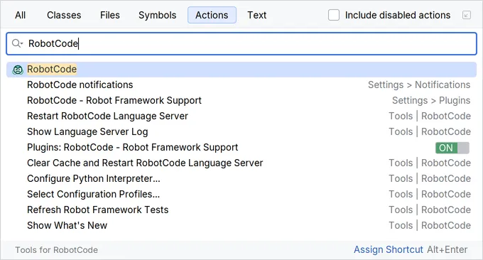 Find Action with RobotCode typed, listing the menu RobotCode, the RobotCode notifications and plugin settings, and the actions of Tools | RobotCode, such as Select Configuration Profiles..., Restart RobotCode Language Server and Show Language Server Log.
