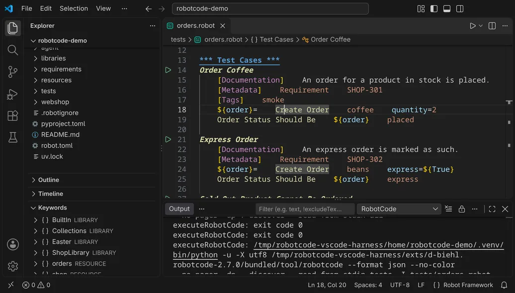 The VS Code window with a Robot Framework test file in the editor, the Explorer with the Keywords view, the RobotCode output below the editor and the Robot Framework language status in the status bar.