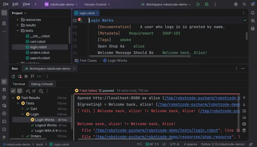 The PyCharm window with login.robot in the editor, a failed run marker beside the test Login Works, the Project view, the Run tool window with the results tree of a run in which Login Works failed, with its log messages and failure details, and RobotCode's widget RF 7.5 in the status bar.
