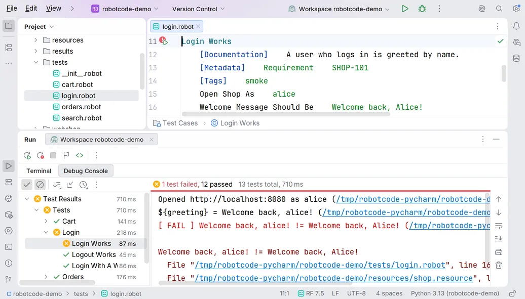 The PyCharm window with login.robot in the editor, a failed run marker beside the test Login Works, the Project view, the Run tool window with the results tree of a run in which Login Works failed, with its log messages and failure details, and RobotCode's widget RF 7.5 in the status bar.