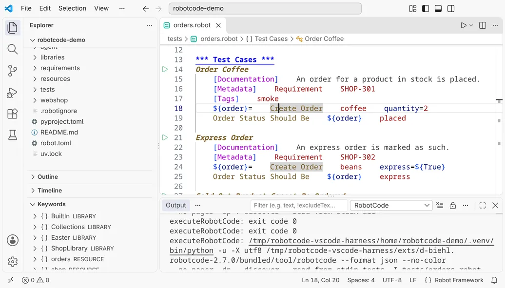 The VS Code window with a Robot Framework test file in the editor, the Explorer with the Keywords view, the RobotCode output below the editor and the Robot Framework language status in the status bar.