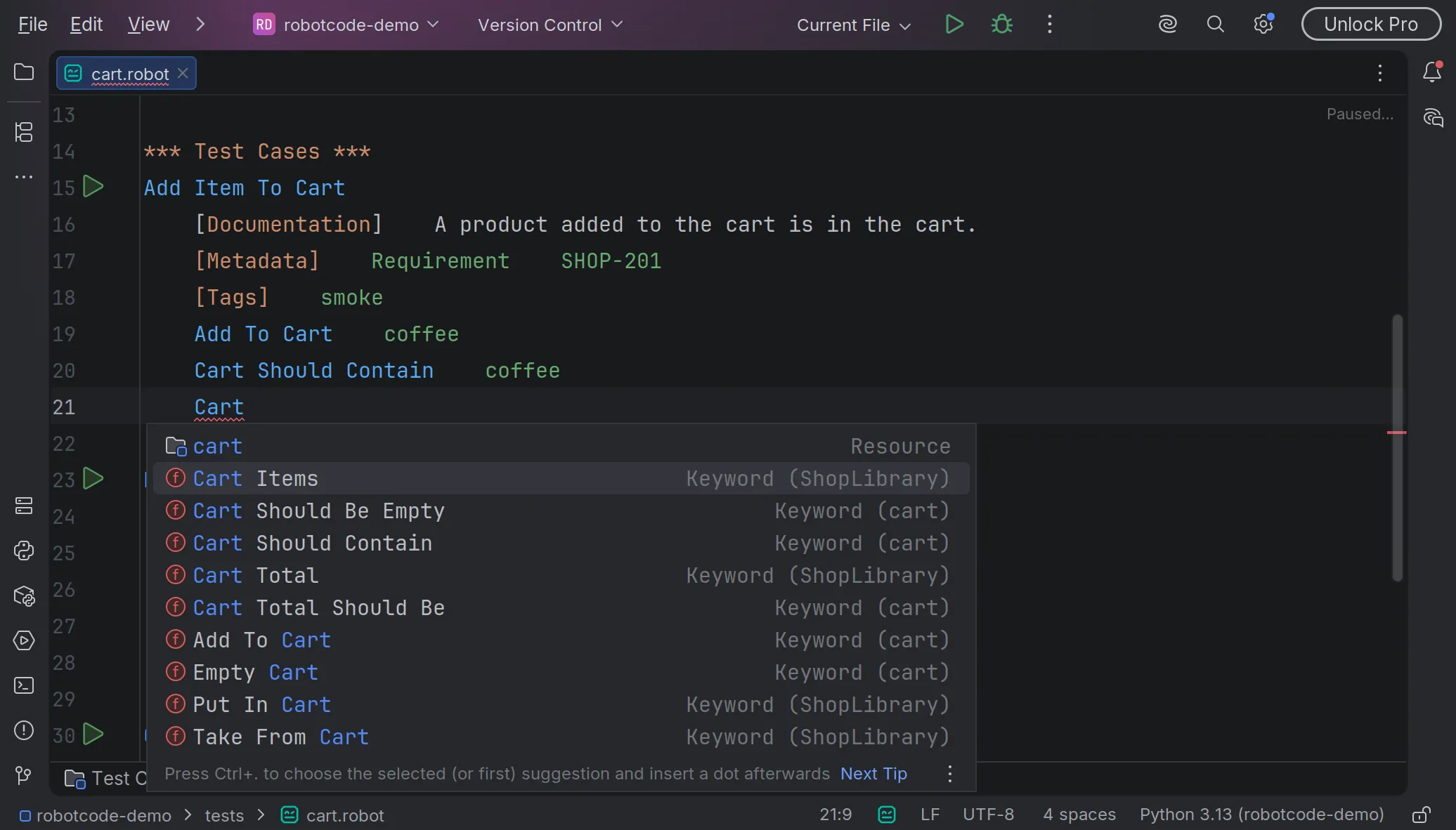 Completing a keyword call in PyCharm