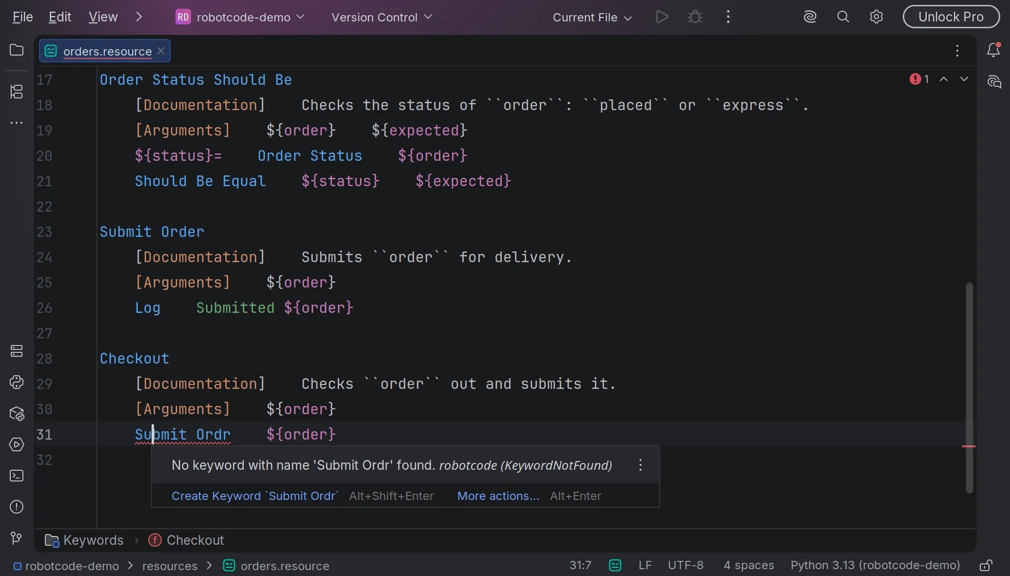 A misspelt keyword call and its diagnostic in PyCharm