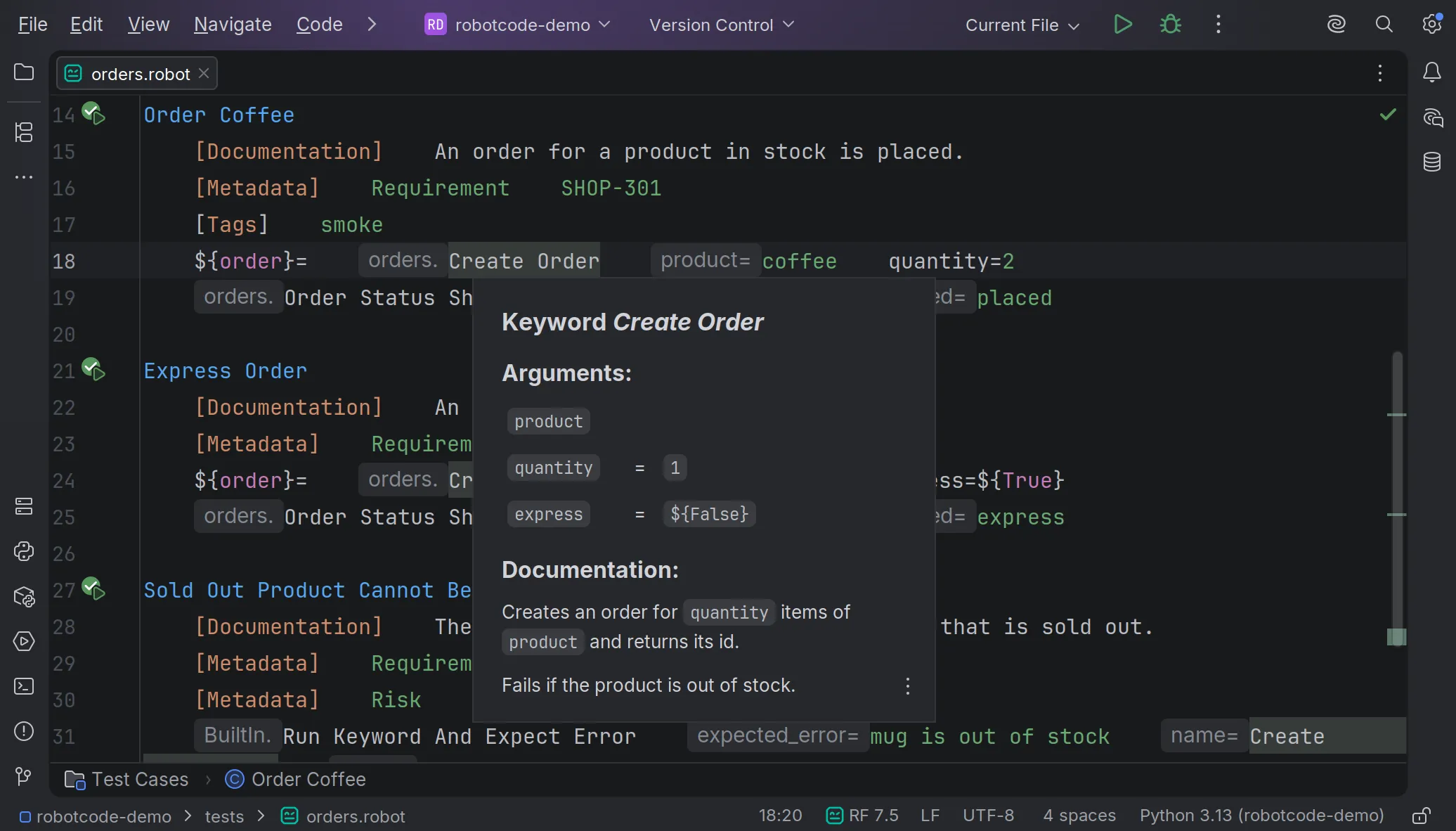 The documentation of a keyword, with its arguments, in PyCharm's Quick Documentation
