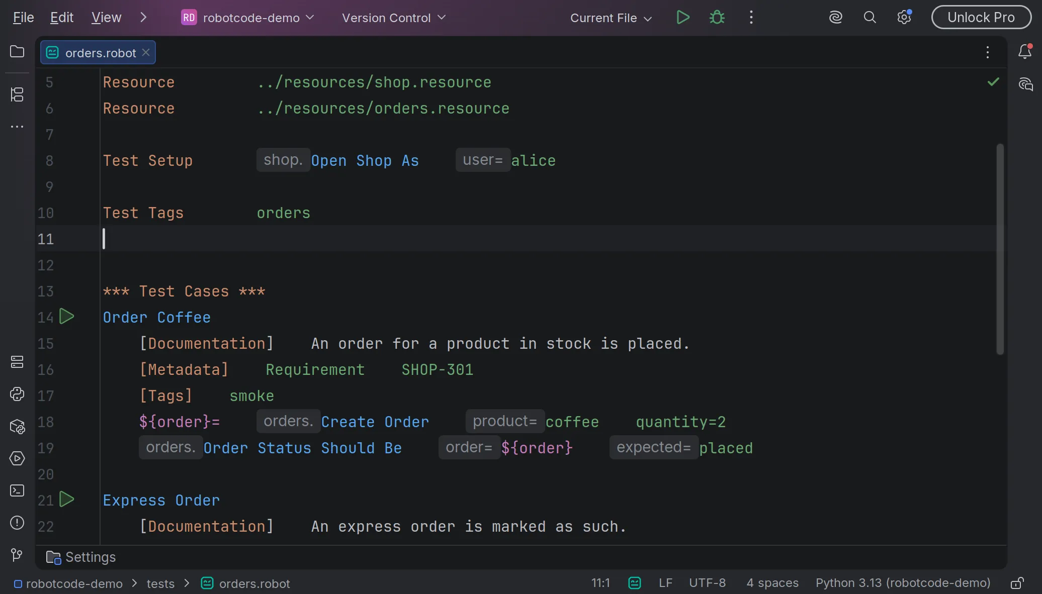 The argument names and namespaces RobotCode shows next to the keyword calls in PyCharm