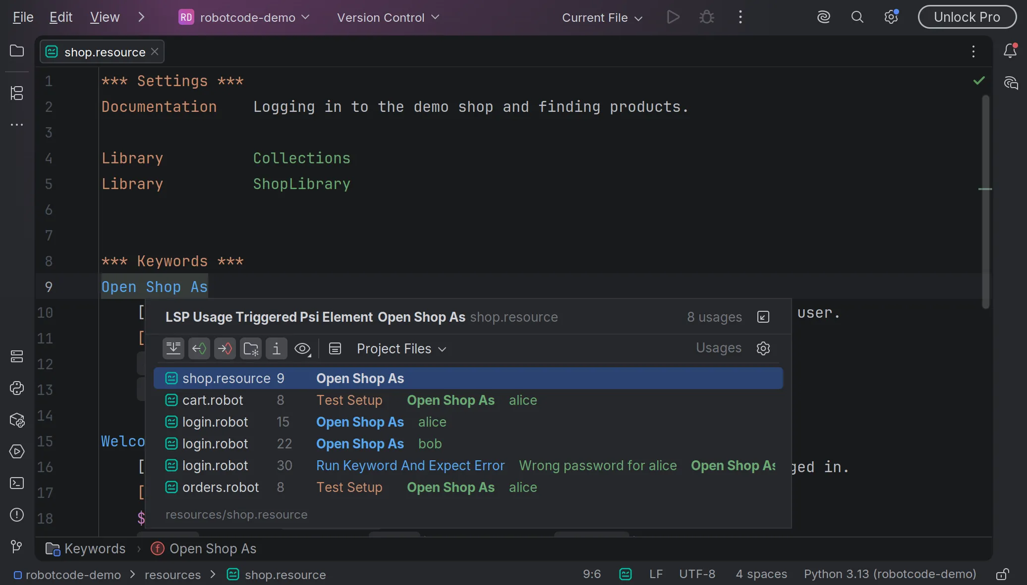 All calls of a keyword in the project, in PyCharm's Show Usages popup