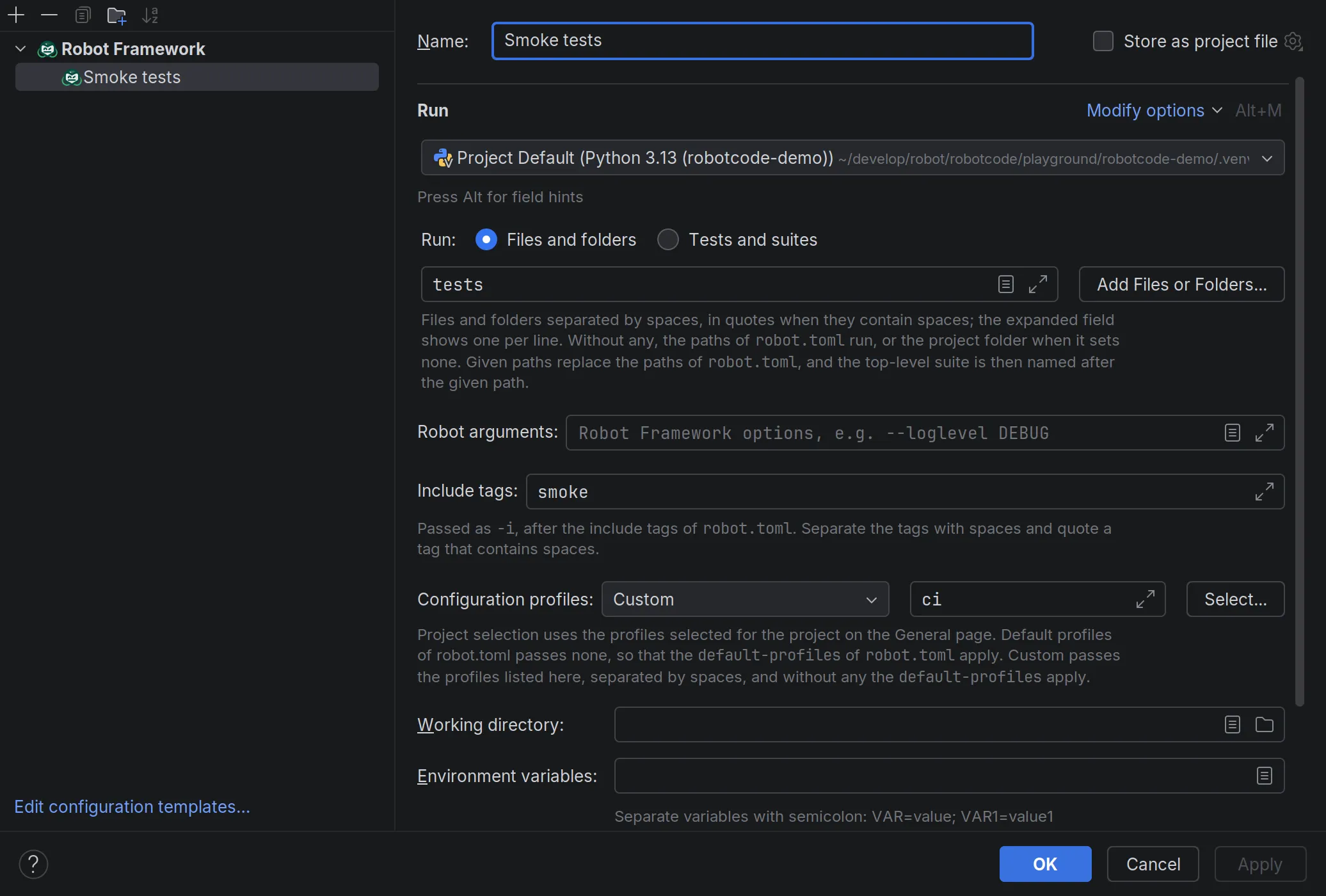 The Run/Debug Configurations dialog of PyCharm with a Robot Framework run configuration: the interpreter, files and folders or tests and suites to run, Robot arguments, include tags and the configuration profiles of robot.toml.