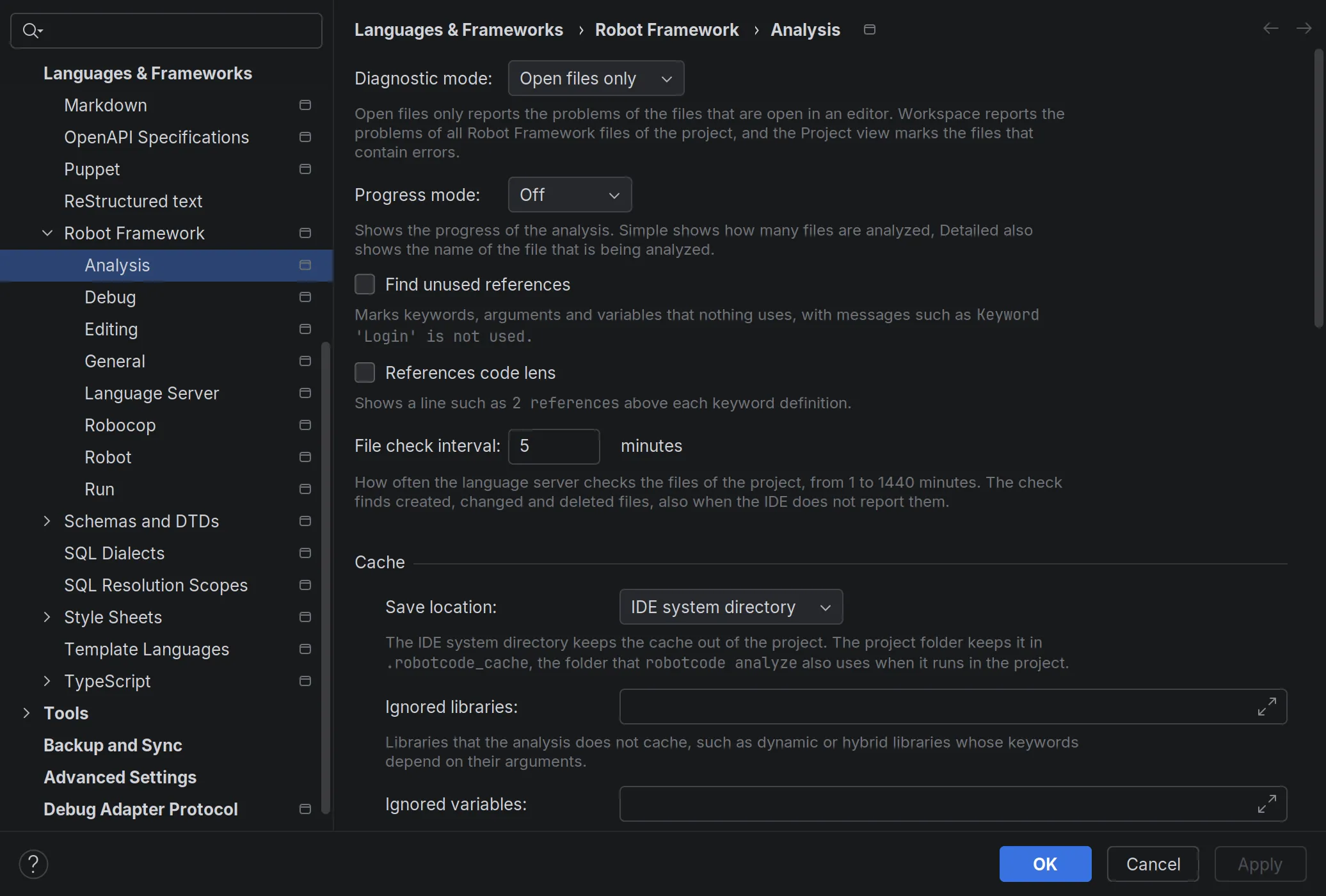 The Analysis page of the Robot Framework settings in PyCharm, with the diagnostic mode, the progress mode, the file check interval and the settings of the analysis cache; the other Robot Framework pages are listed in the tree on the left.