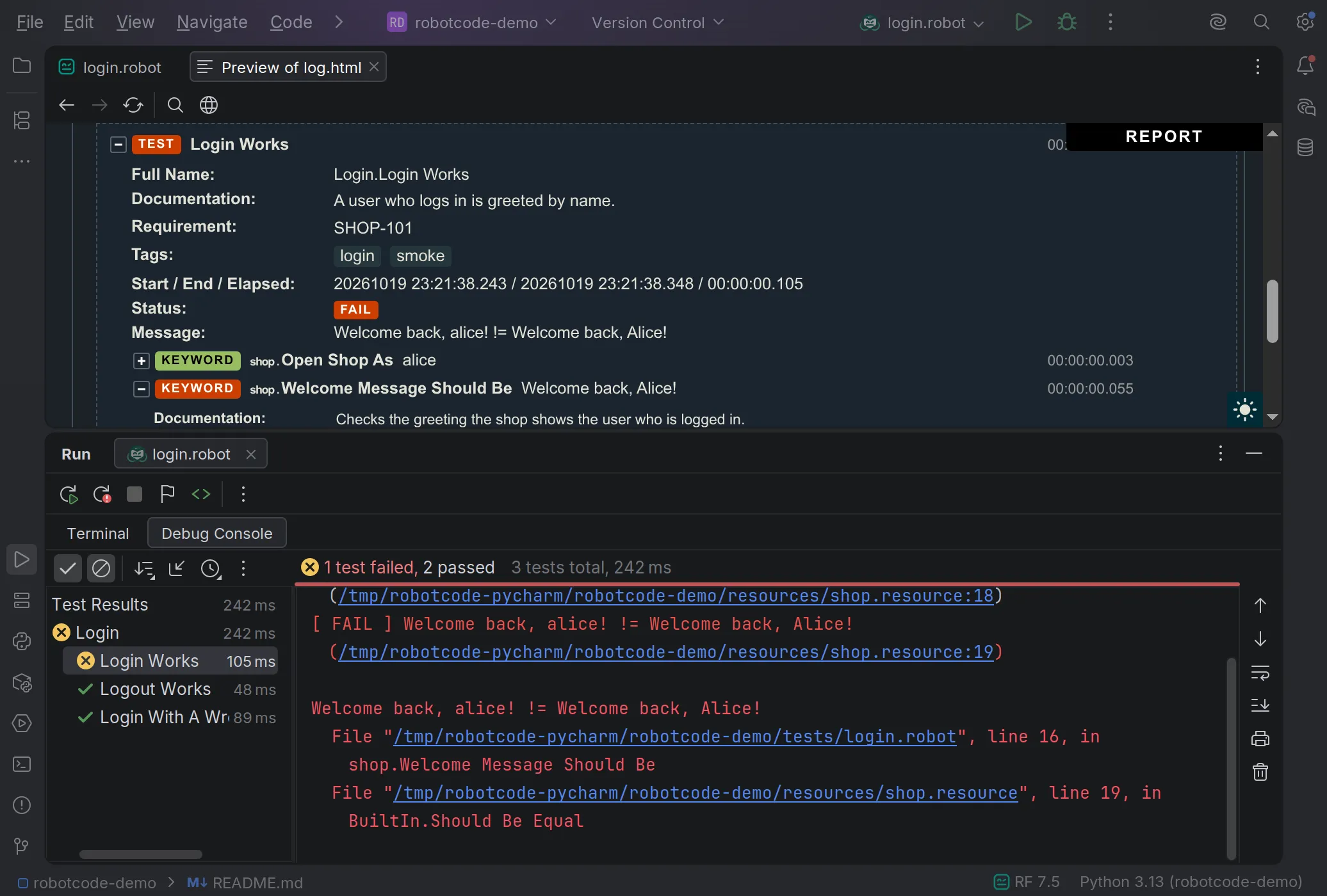 PyCharm after a run: the log of the failed test Login Works in the preview tab above, below it the results tree with the failed test selected, its failure message and the calls that led to it, with links to their lines.