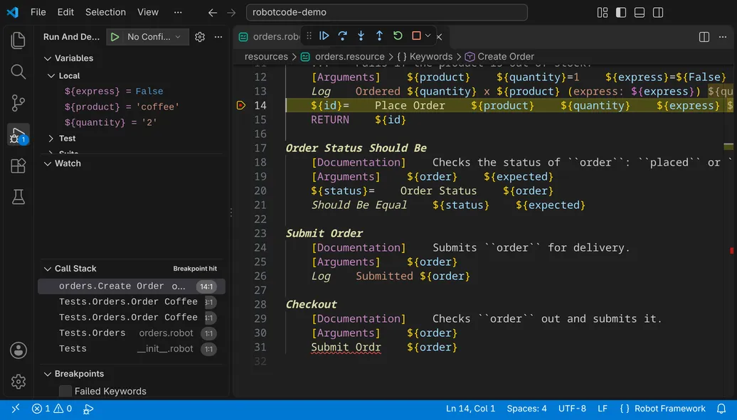 A debug session stopped at a breakpoint in the keyword Create Order: the Run and Debug view shows the local variables express, product and quantity and the call stack, the editor highlights the line with the breakpoint.