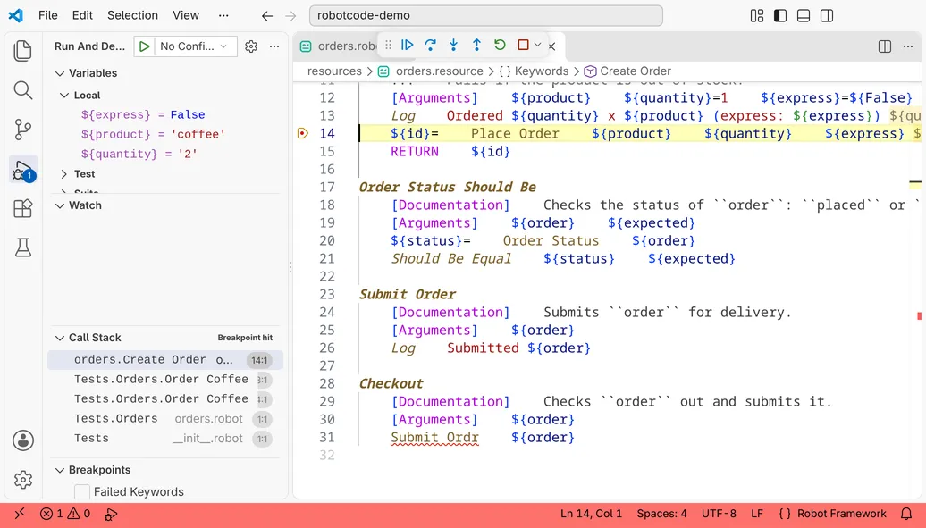 A debug session stopped at a breakpoint in the keyword Create Order: the Run and Debug view shows the local variables express, product and quantity and the call stack, the editor highlights the line with the breakpoint.