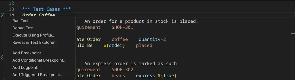 The context menu of the icon beside the test Order Coffee with Run Test, Debug Test, Execute Using Profile..., Reveal in Test Explorer and the breakpoint actions.