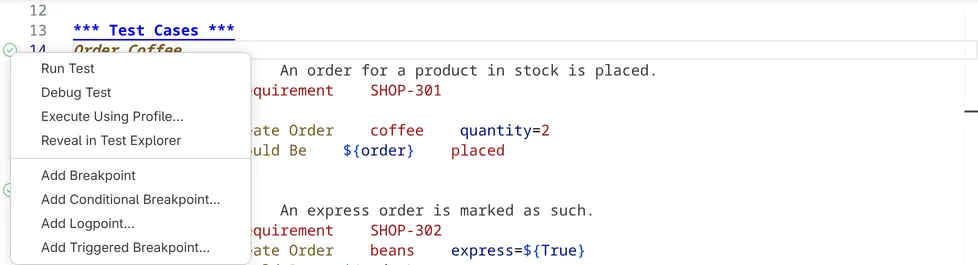 The context menu of the icon beside the test Order Coffee with Run Test, Debug Test, Execute Using Profile..., Reveal in Test Explorer and the breakpoint actions.