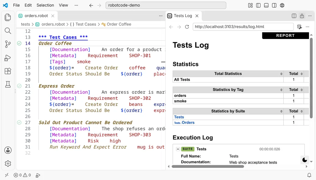 The log of a run of Order Coffee in VS Code's browser beside the test file, with its statistics and the execution log.