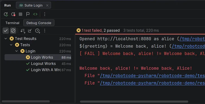 The Run tool window of the run Suite Login: the Debug Console tab with the results tree, in which Login Works failed, and its log messages and the calls that led to its failure, with links to their files.