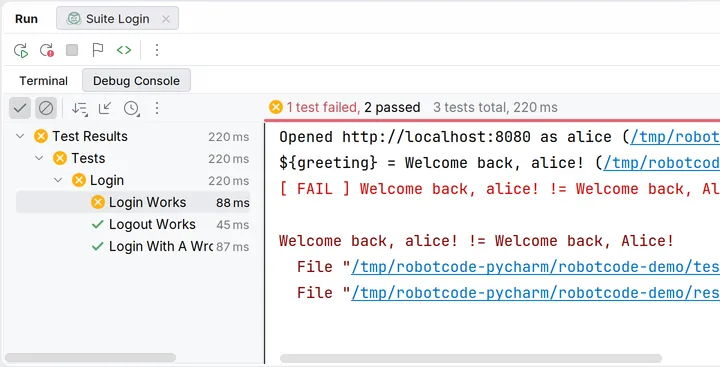 The Run tool window of the run Suite Login: the Debug Console tab with the results tree, in which Login Works failed, and its log messages and the calls that led to its failure, with links to their files.