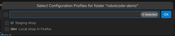 Select Configuration Profiles for the folder robotcode-demo lists the profiles ci, Staging shop, and dev, Local shop in Firefox.