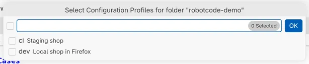 Select Configuration Profiles for the folder robotcode-demo lists the profiles ci, Staging shop, and dev, Local shop in Firefox.
